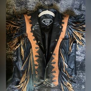 Vtg NEW Western Leather Studded Fringe jacket vest brown black biker thriller